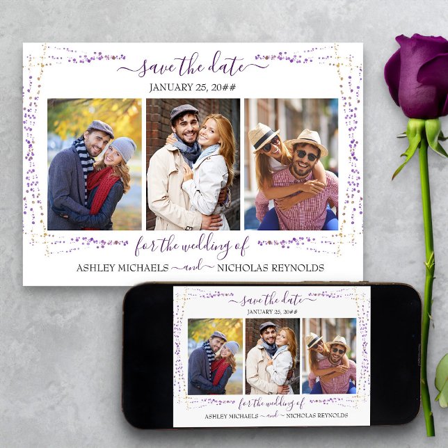 Purple Floral and Confetti 3 Photo Wedding Save The Date (Purple confetti 3 Photo Save the Date from my Plush Purple Wedding Collection)