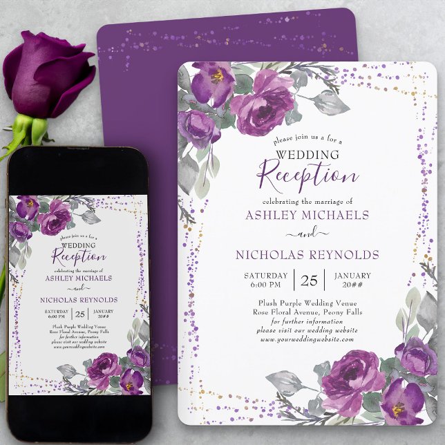 Purple Floral and Confetti Wedding Reception Only Invitation (Elegant purple floral wedding reception only invitation from my Plush Purple Wedding Collection)