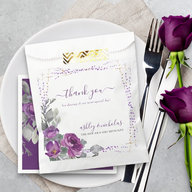 Purple Floral and Confetti Wedding Thank You Favour Bags (Elegant purple floral favor bags from my Plush Purple Wedding Collection )