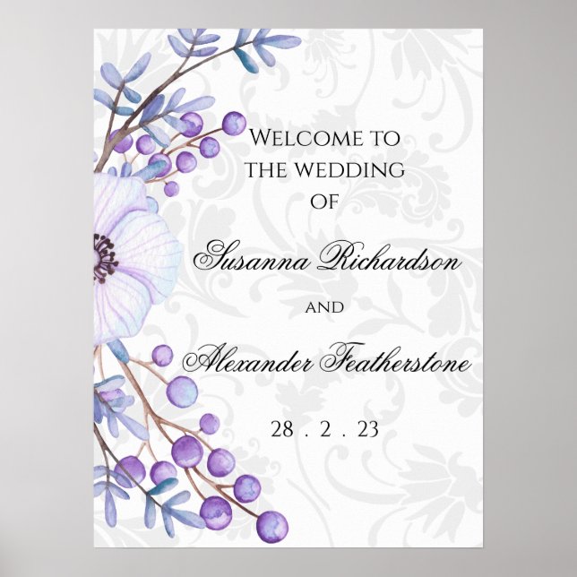 Purple Floral and Elegant Damask Wedding Poster (Front)