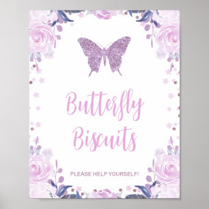 Purple Floral and Glitter Butterfly Birthday Party Poster