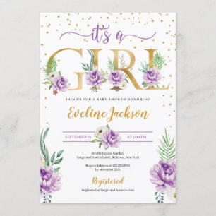 Purple floral and gold foil letter baby shower invitation