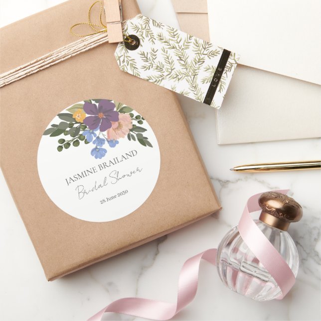 Purple Floral and Greenery Bouquet Bridal Shower  Classic Round Sticker (Gifting)