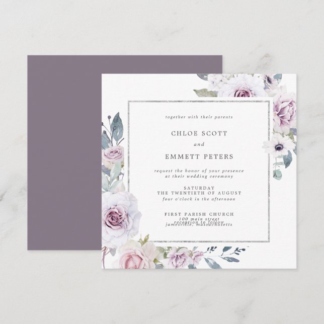 Purple Floral and Silver Frame Square Wedding Invitation (Front/Back)