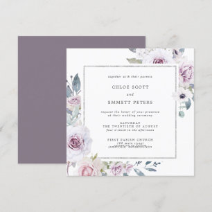 Purple Floral and Silver Frame Square Wedding Invitation