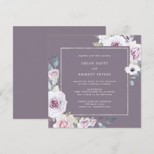 Purple Floral and Silver Frame Square Wedding Invitation