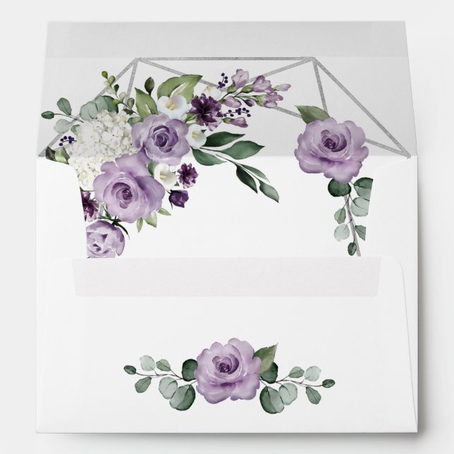 Purple Floral and Silver Geometric Elegant Wedding Envelope (Back (Bottom))