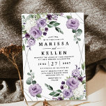 Purple Floral and Silver Geometric Elegant Wedding Invitation<br><div class="desc">Design features a printed silver/grey coloured geometric frame decorated with various watercolor floral roses and others in numerous shades of dark,  medium and light purple colours.  Design also features white hydrangea and calla lily elements intertwined with greenery and eucalyptus branches.</div>