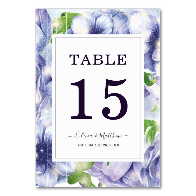 Purple Floral Anemone Wedding Table Number (Front)