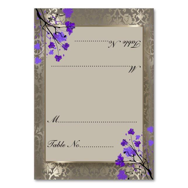 Purple Floral & Antique Silver Damask - Place Card (Front)