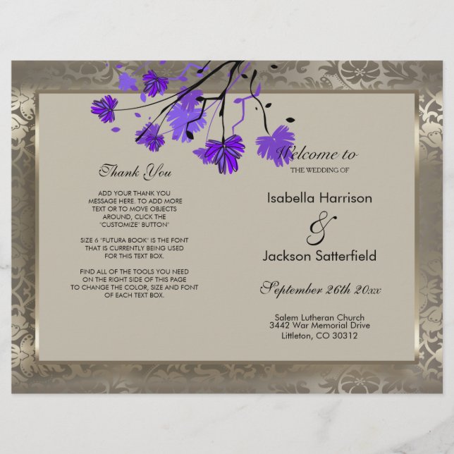 Purple Floral & Antique Silver Wedding Program (Front)