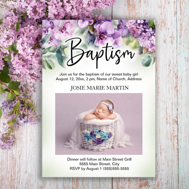Purple Floral Baby Baptism Christening Photo Invitation (Elegant purple floral baby baptism/christening invitation personalized with a photo.)