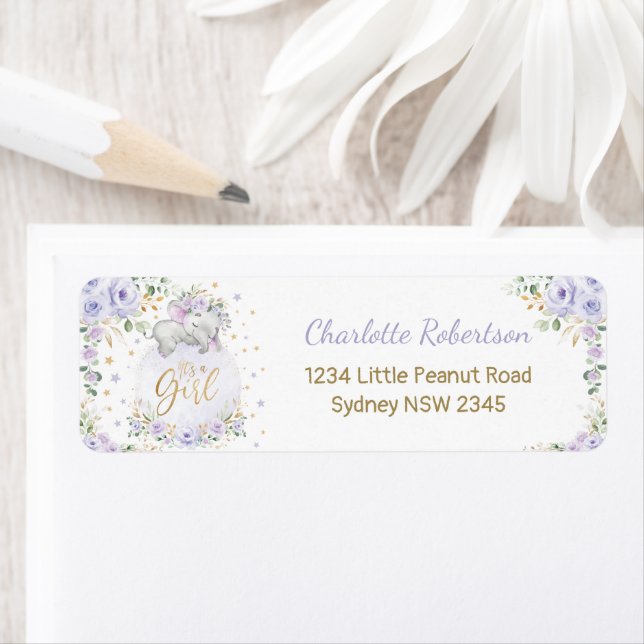 Purple Floral Baby Elephant Return Address Label (Insitu)