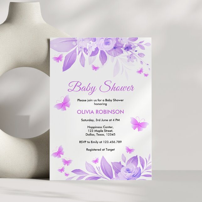 Purple Floral Baby Girl Butterfly Baby Shower  Invitation (Purple Floral Baby Girl Butterfly Baby Shower Invitation )
