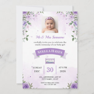Purple Floral Baby Girl Cradle Ceremony Invitation