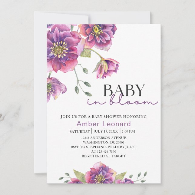 Purple Floral Baby in Bloom Baby Shower Invitation (Front)