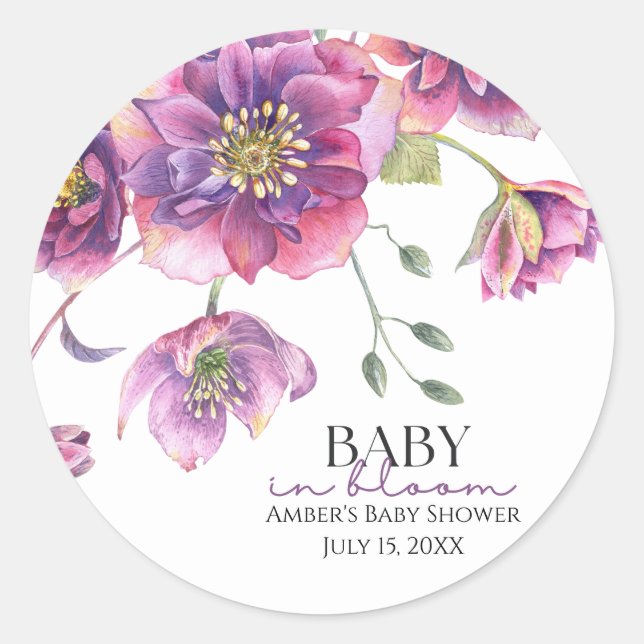 Purple Floral Baby in Bloom Baby Shower Sticker (Front)