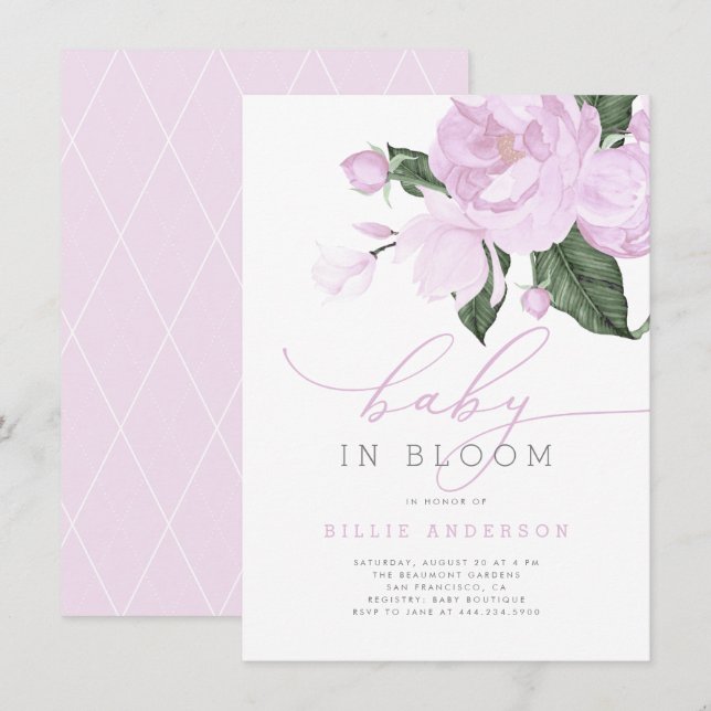 Purple Floral Baby in Bloom Shower Girl Invitation (Front/Back)