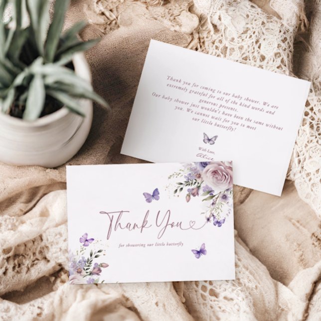 Purple Floral Baby Shower Butterfly Thank You Card (Creator Uploaded)