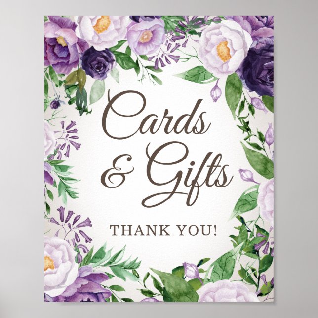 Purple Floral Baby Shower Cards Gifts Poster (Front)