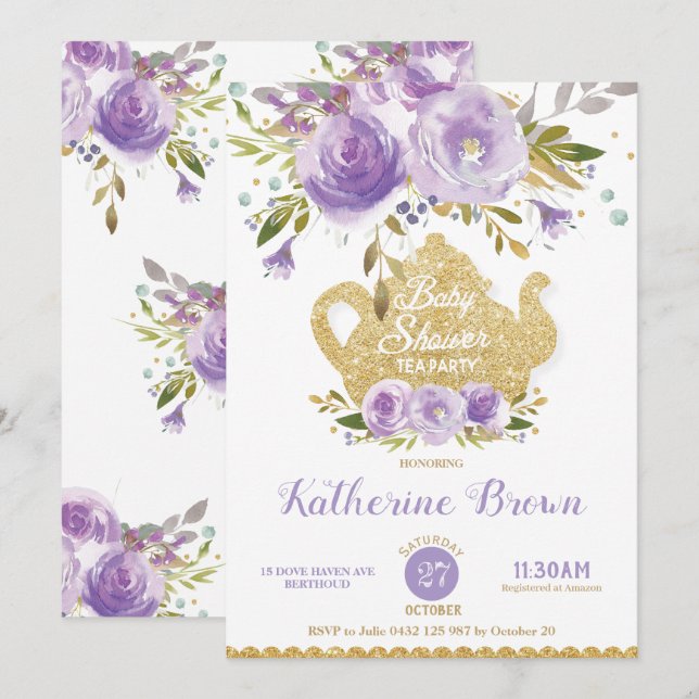 Purple Floral Baby Shower High Tea Party Baby Girl Invitation (Front/Back)