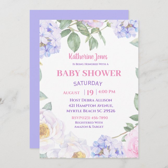   Purple Floral Baby Shower Invitation (Front/Back)