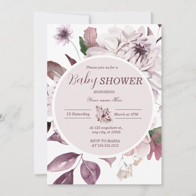Purple Floral Baby Shower Invitation for Girl (Front)