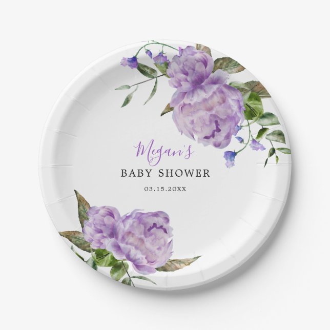Purple Floral Baby Shower Paper Plate (Front)