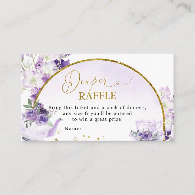 Purple Floral Baby Shower Tea Diaper Raffle Card (Front)