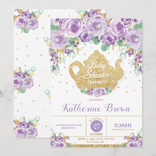 Purple Floral Baby Shower Tea Party Baby Girl Invitation (Front/Back)