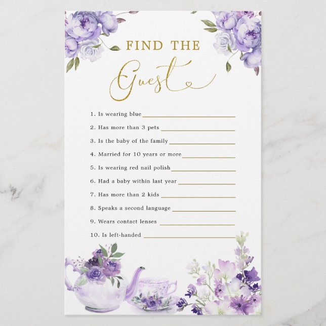 Purple Floral Baby Shower Tea Party Find The Guest (Front)