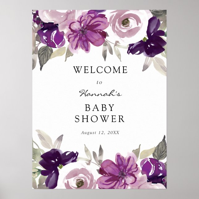 Purple Floral Baby Shower Welcome Sign (Front)