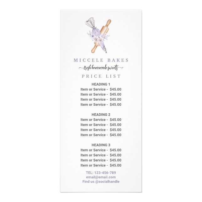 Purple Floral Bakery Service Price  Rack Card (Front)