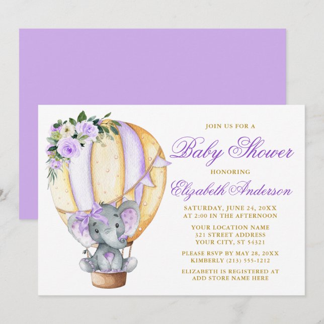 Purple Floral Balloon Elephant Bow Baby Shower Invitation (Front/Back)