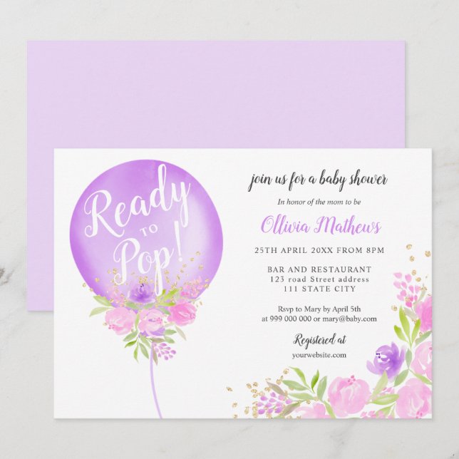 Purple floral balloon ready to pop baby shower invitation (Front/Back)