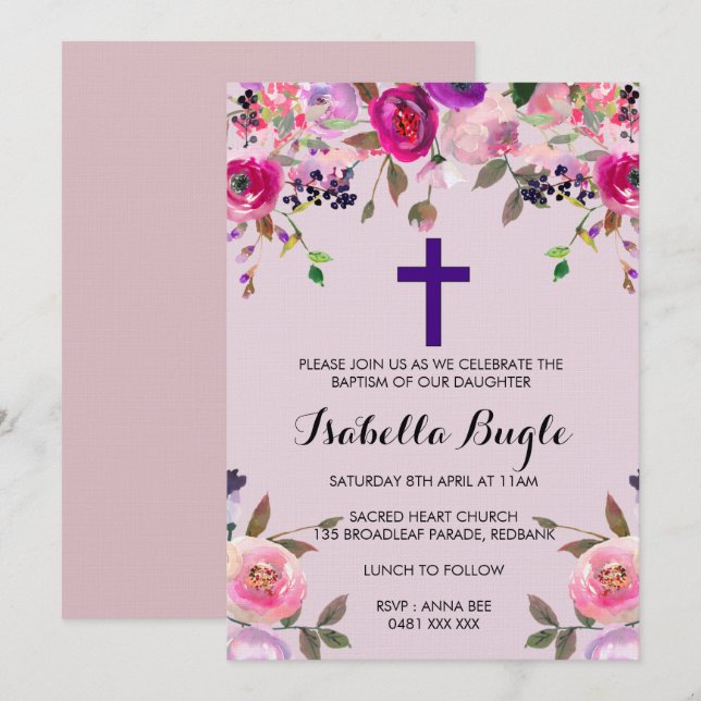 Purple floral Baptism /Christening Invitation Girl (Front/Back)