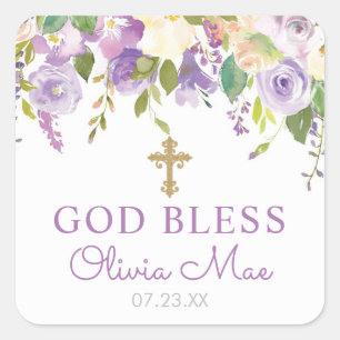 Purple Floral Baptism Favor Square Sticker