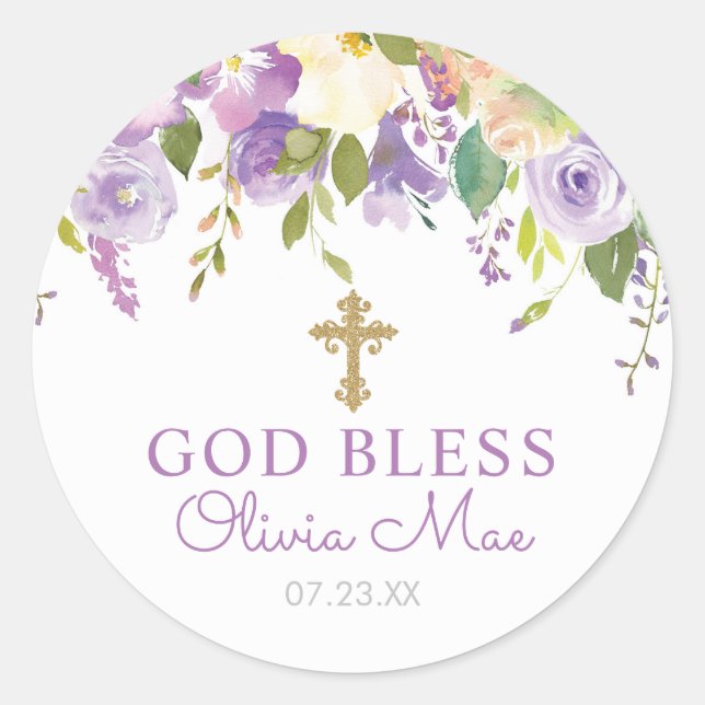 Purple Floral Baptism Favour Classic Round Sticker (Front)