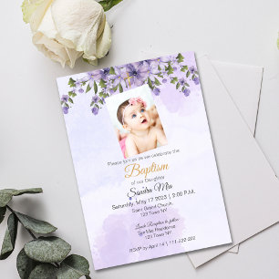 Purple Floral Baptism Invitation