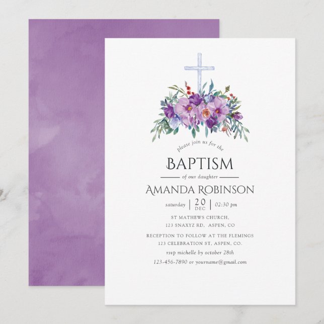 Purple Floral Baptism or Christening Invitation (Front/Back)