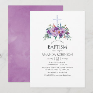 Purple Floral Baptism or Christening Invitation