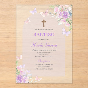 Purple Floral Baptism Spanish Invitation