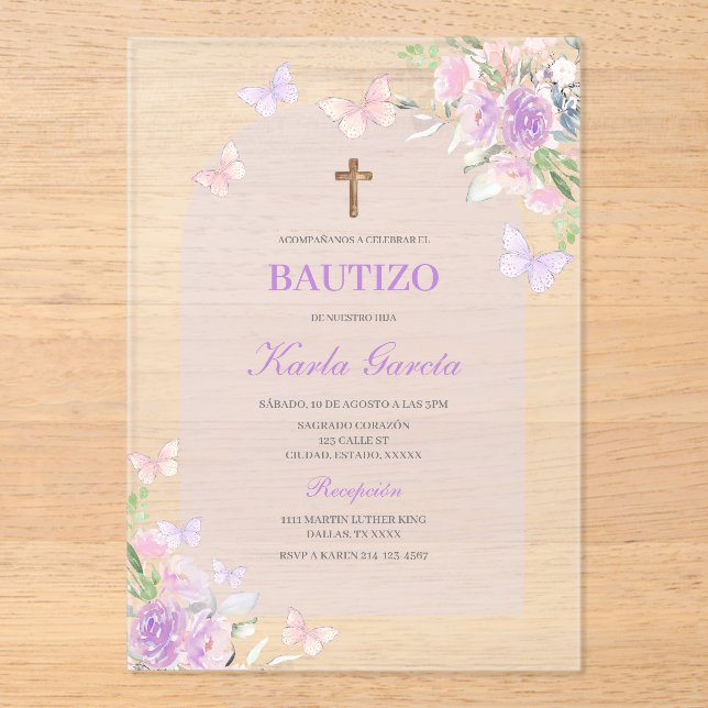 Purple Floral Baptism Spanish Invitation (Front)