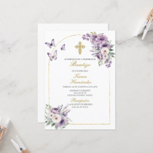 Purple floral Baptism Spanish Invitation