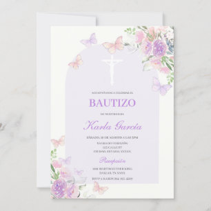 Purple Floral Baptism Spanish Invitation