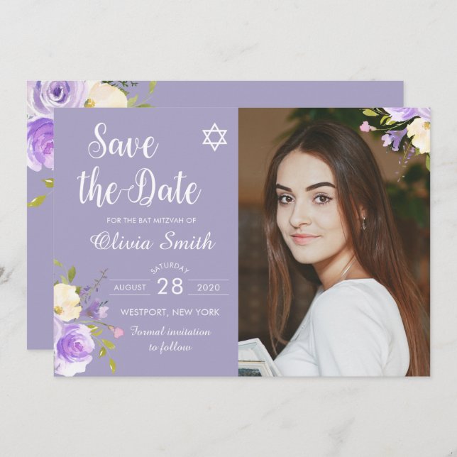 Purple Floral Bat Mitzvah Photo Save The Date (Front/Back)