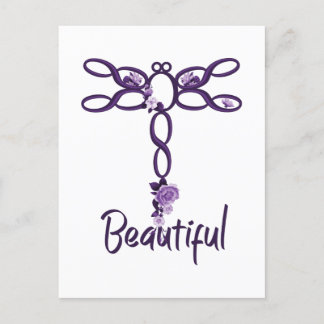 Purple Floral "Beautiful" Dragonfly Design Postcard