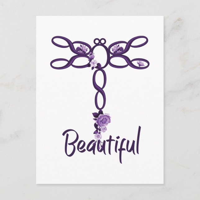 Purple Floral "Beautiful" Dragonfly Design Postcard (Front)