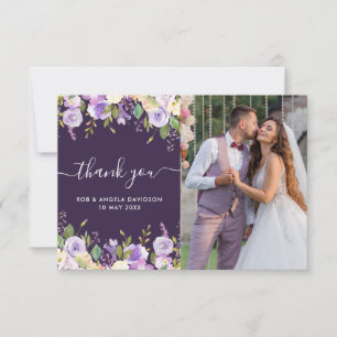 purple floral beautiful photo wedding thank you card