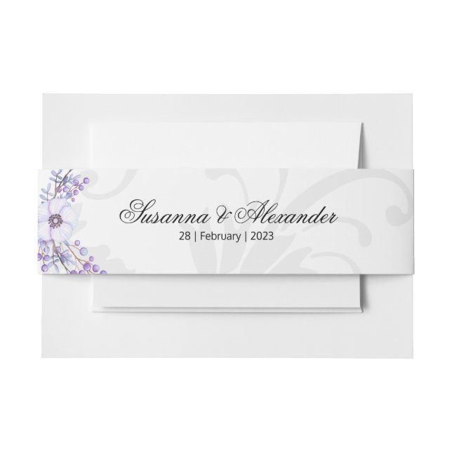 Purple Floral Berries and Grey Damask Invitation Belly Band (Front Example)